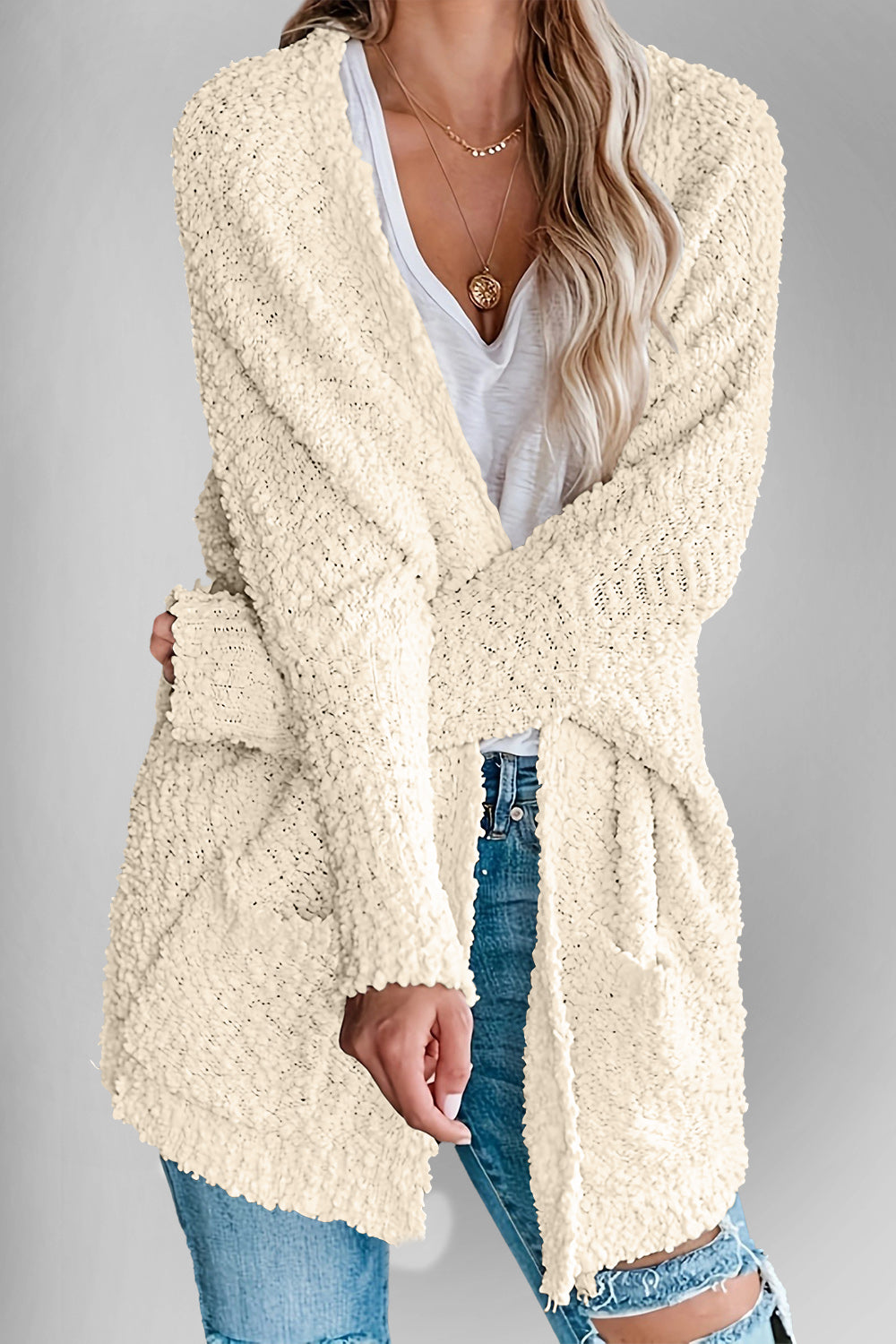 Chic Cozy Casual Style Pocketed Open Front Long Sleeve Cardigan