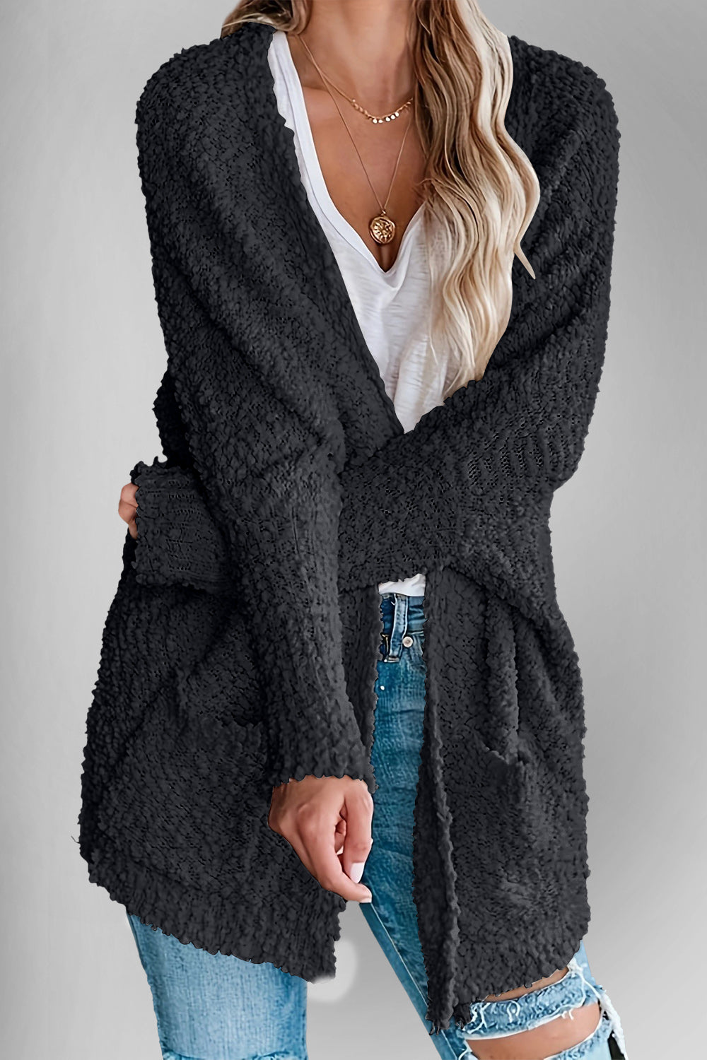 Chic Cozy Casual Style Pocketed Open Front Long Sleeve Cardigan