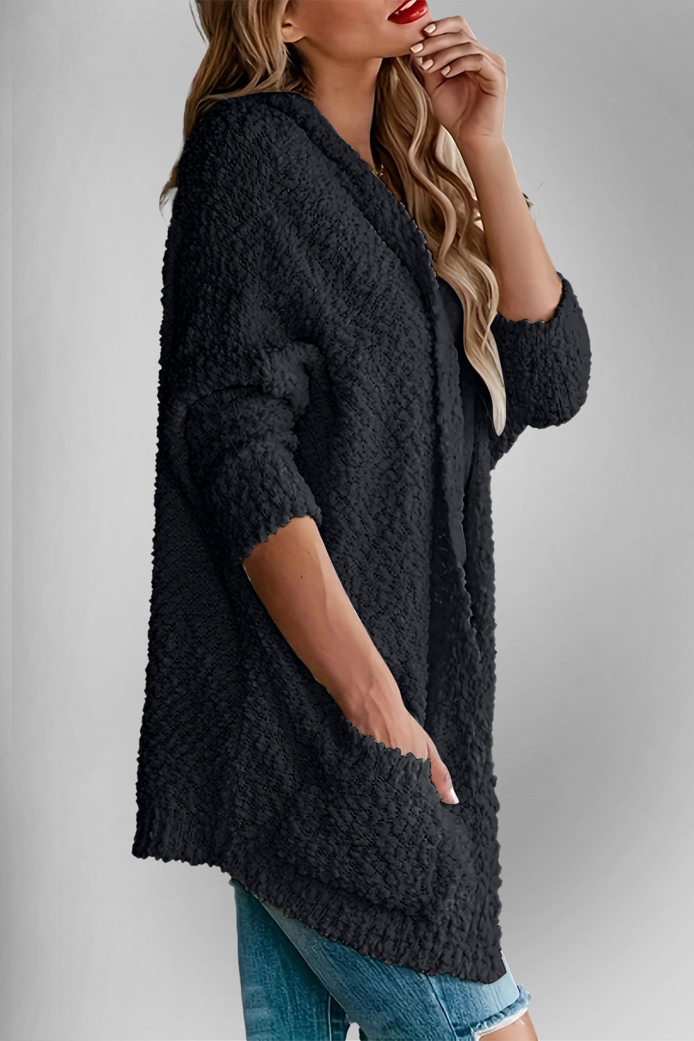 Chic Cozy Casual Style Pocketed Open Front Long Sleeve Cardigan