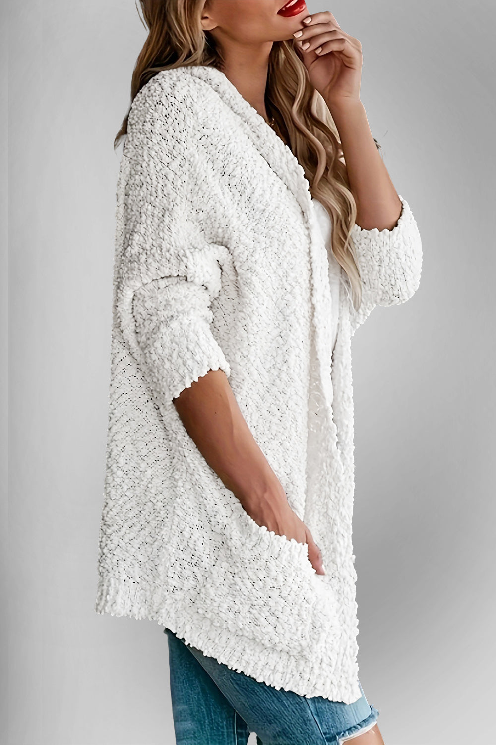 Chic Cozy Casual Style Pocketed Open Front Long Sleeve Cardigan