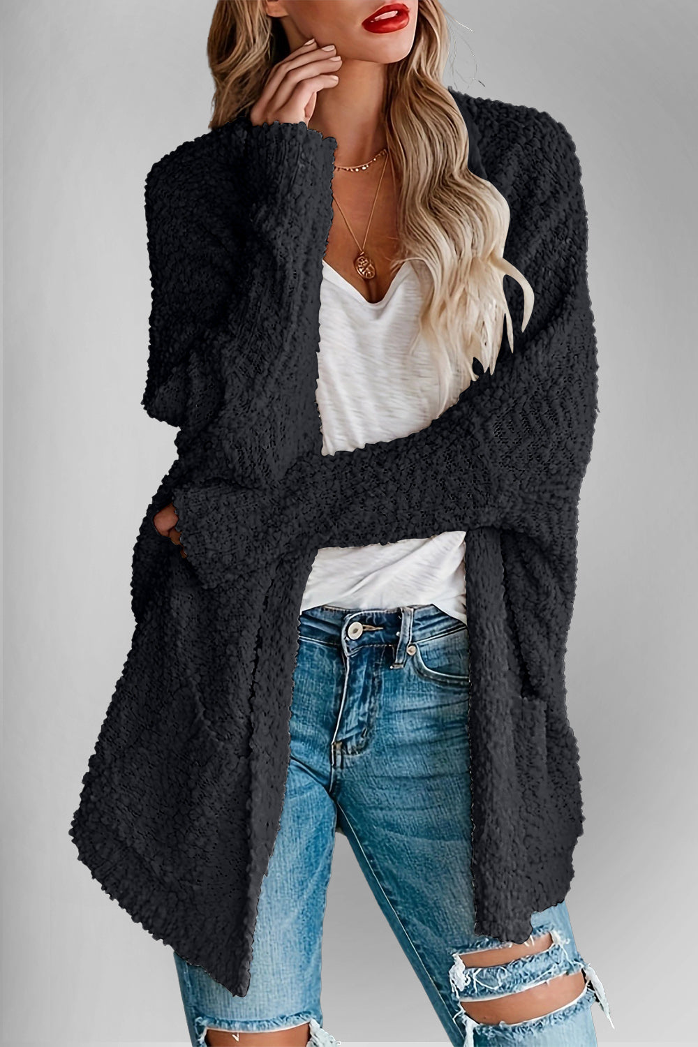 Chic Cozy Casual Style Pocketed Open Front Long Sleeve Cardigan