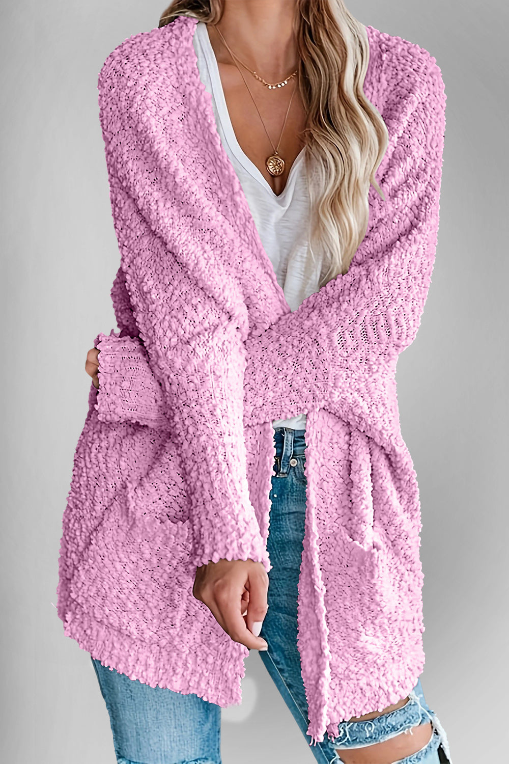 Chic Cozy Casual Style Pocketed Open Front Long Sleeve Cardigan