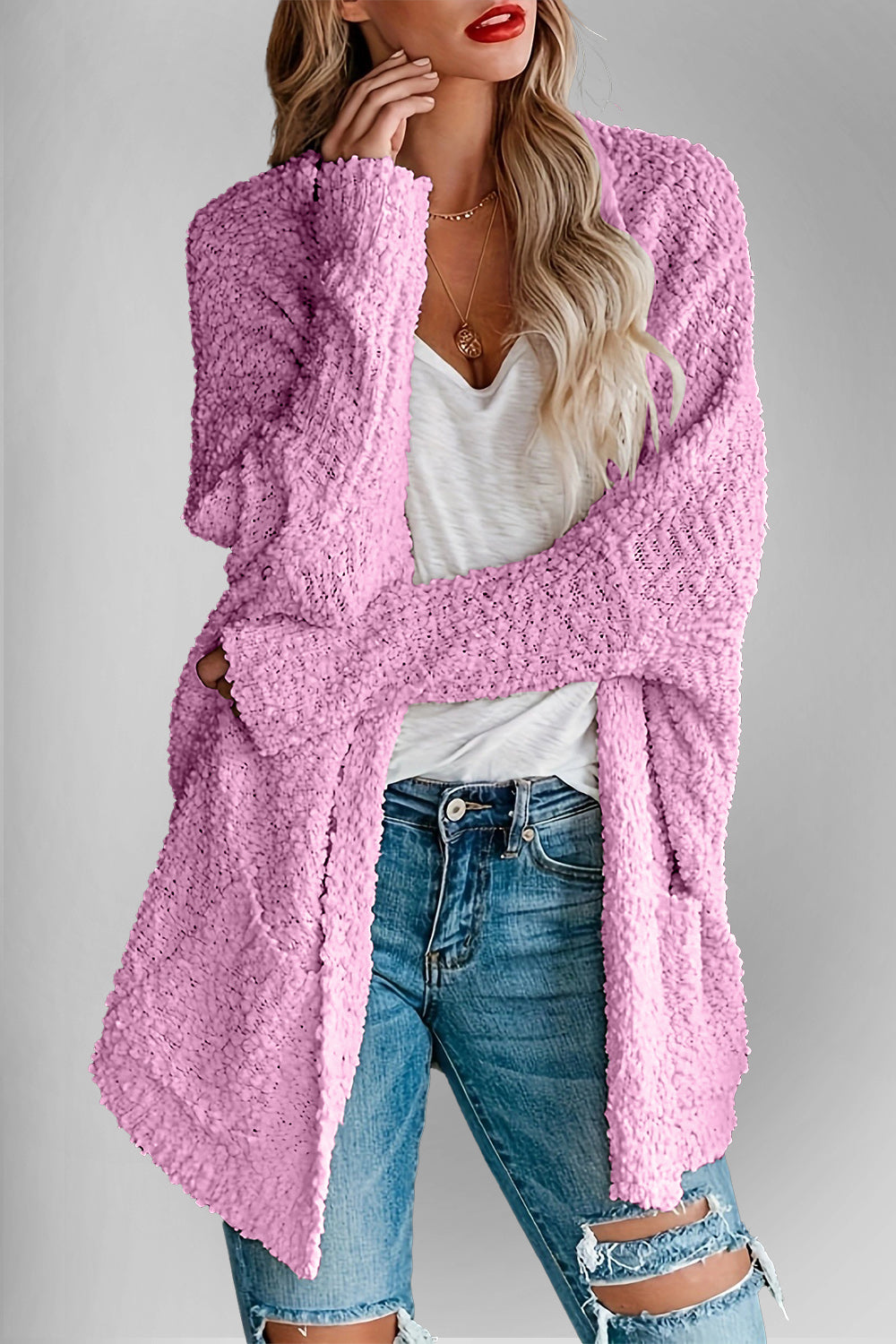 Chic Cozy Casual Style Pocketed Open Front Long Sleeve Cardigan