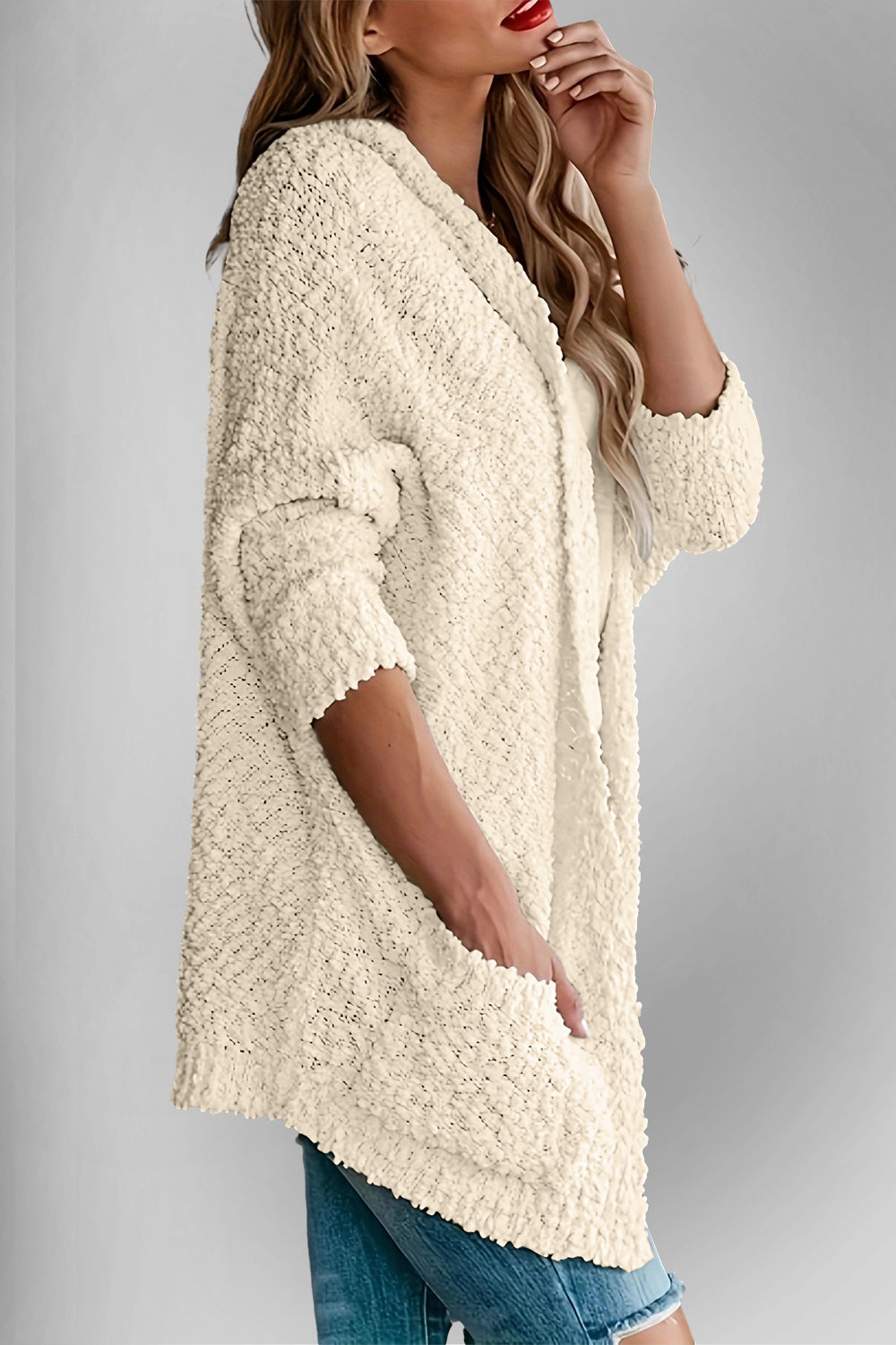 Chic Cozy Casual Style Pocketed Open Front Long Sleeve Cardigan