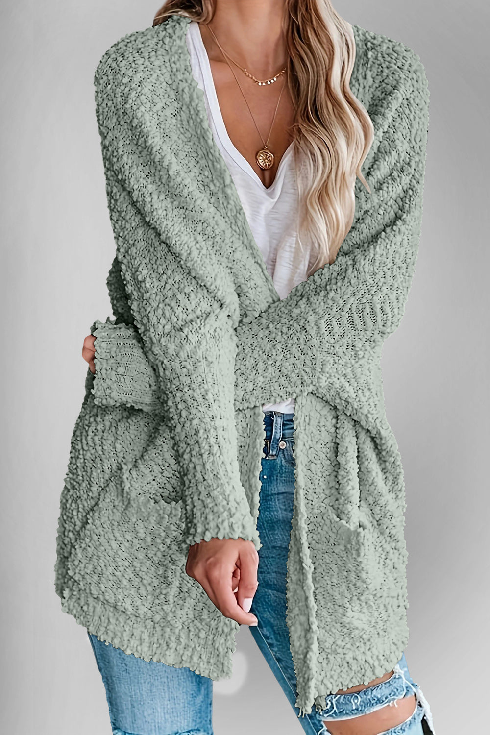 Chic Cozy Casual Style Pocketed Open Front Long Sleeve Cardigan