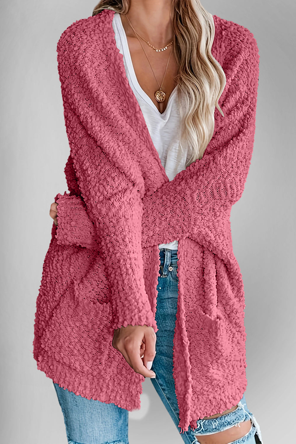 Chic Cozy Casual Style Pocketed Open Front Long Sleeve Cardigan