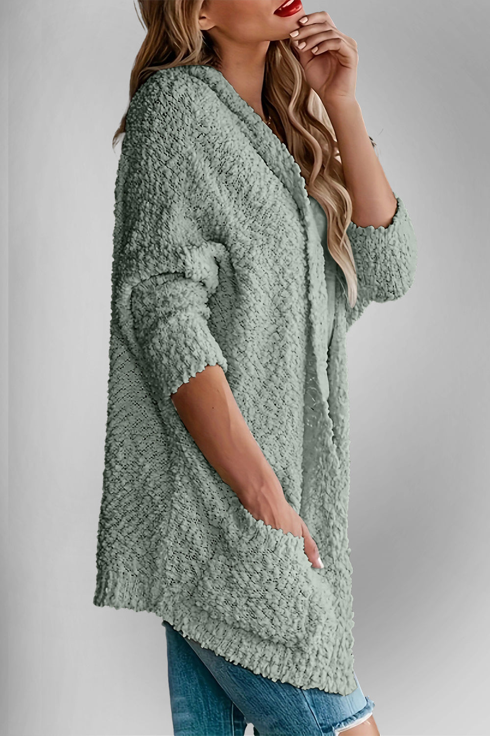 Chic Cozy Casual Style Pocketed Open Front Long Sleeve Cardigan