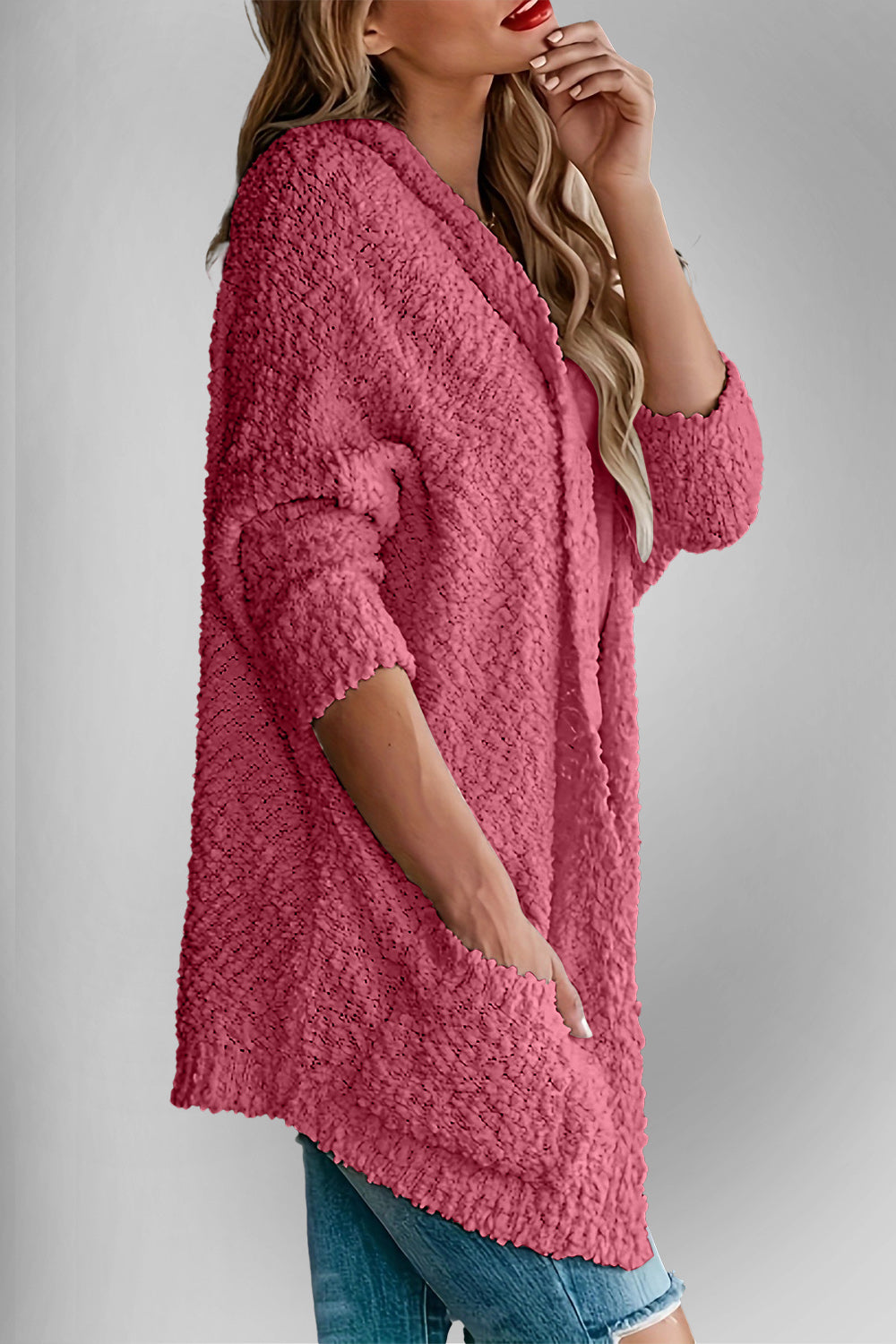 Chic Cozy Casual Style Pocketed Open Front Long Sleeve Cardigan