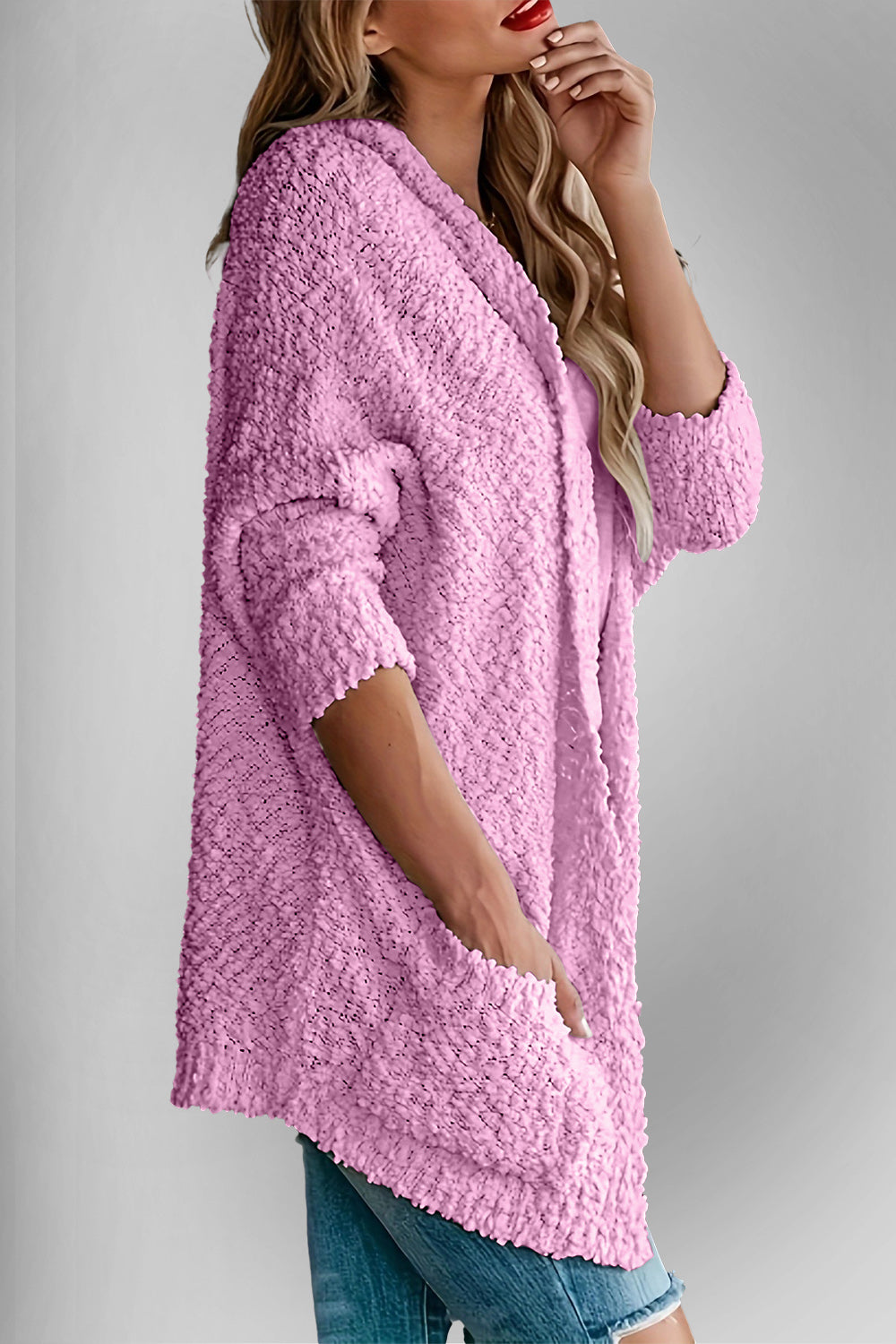 Chic Cozy Casual Style Pocketed Open Front Long Sleeve Cardigan