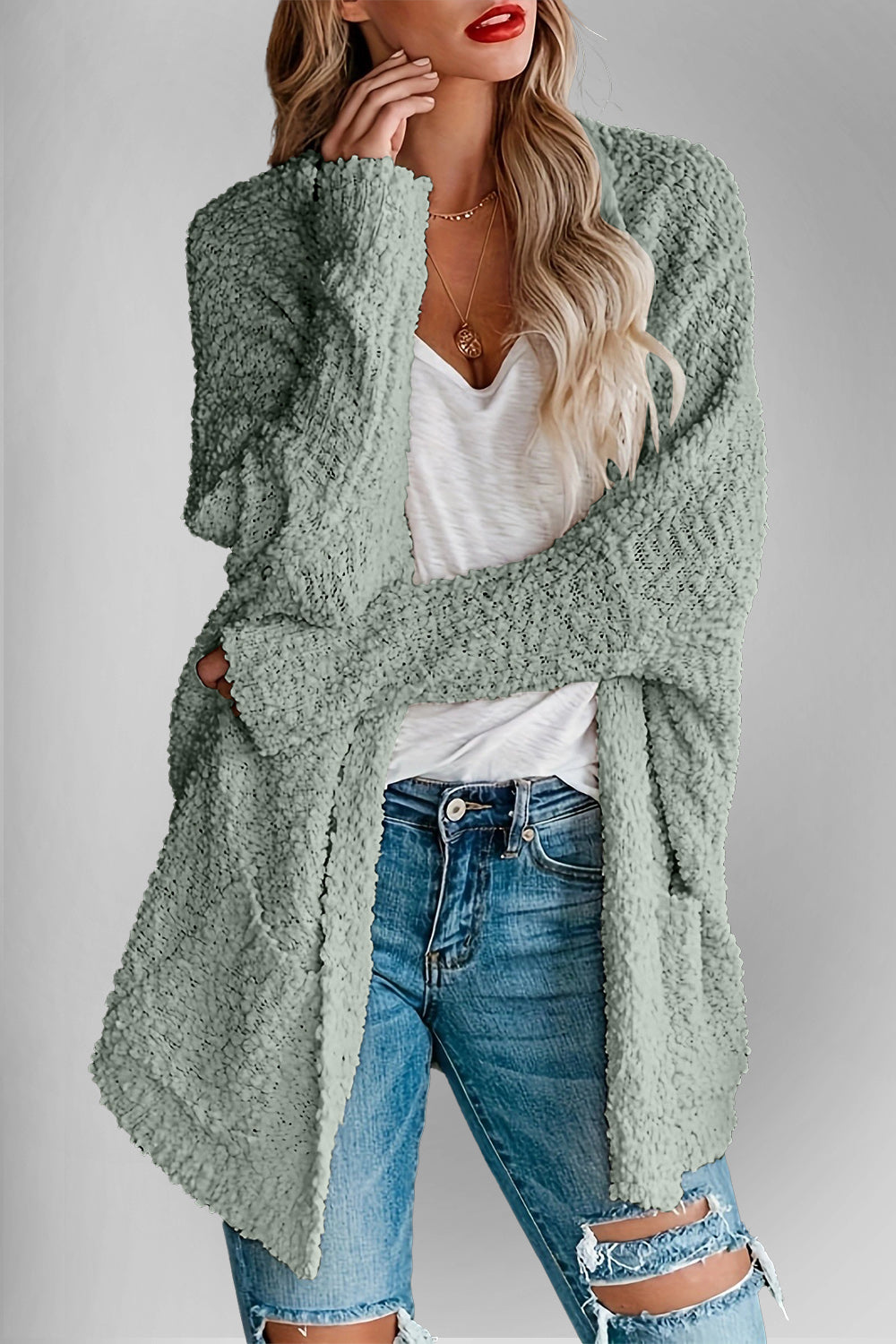 Chic Cozy Casual Style Pocketed Open Front Long Sleeve Cardigan