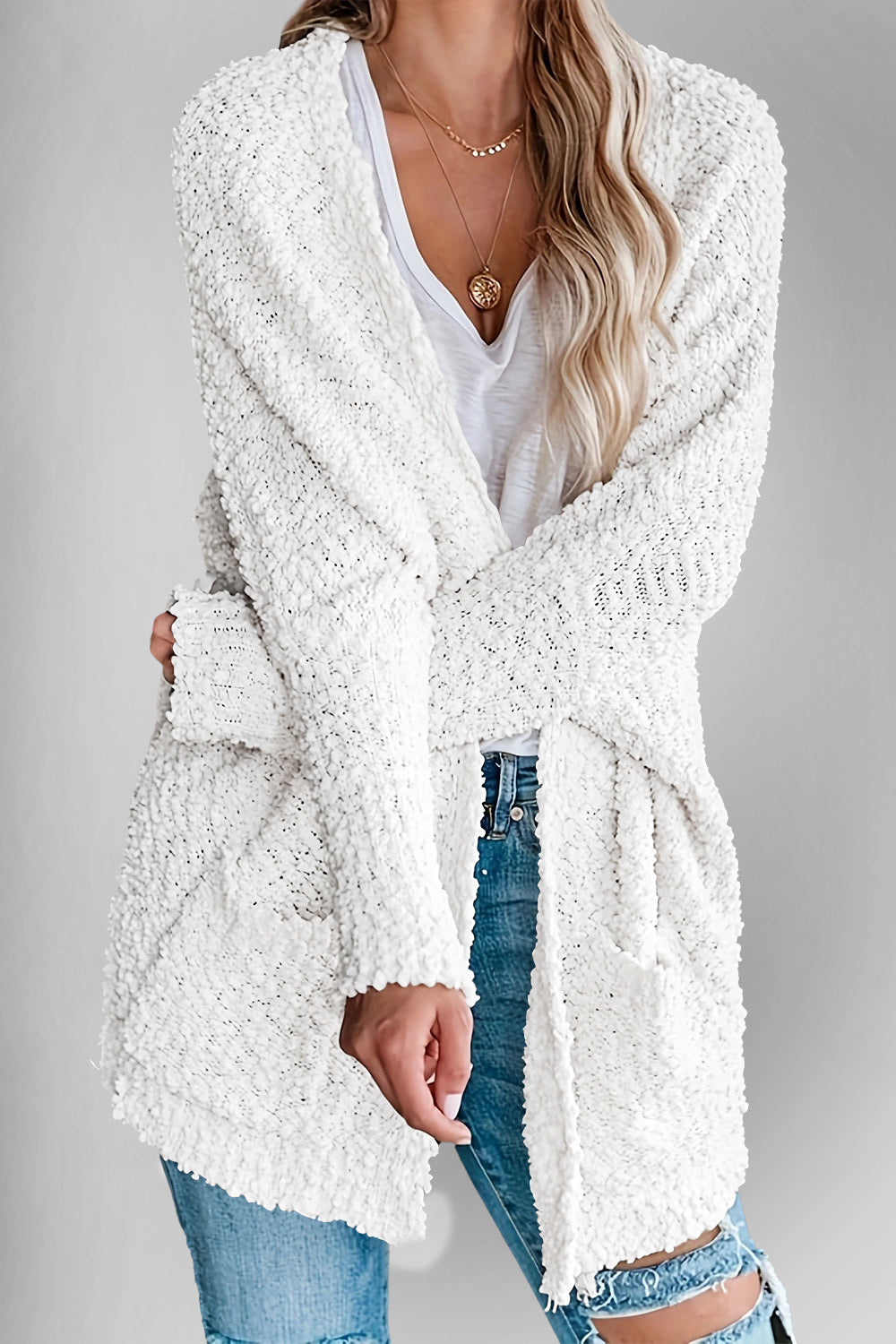 Chic Cozy Casual Style Pocketed Open Front Long Sleeve Cardigan
