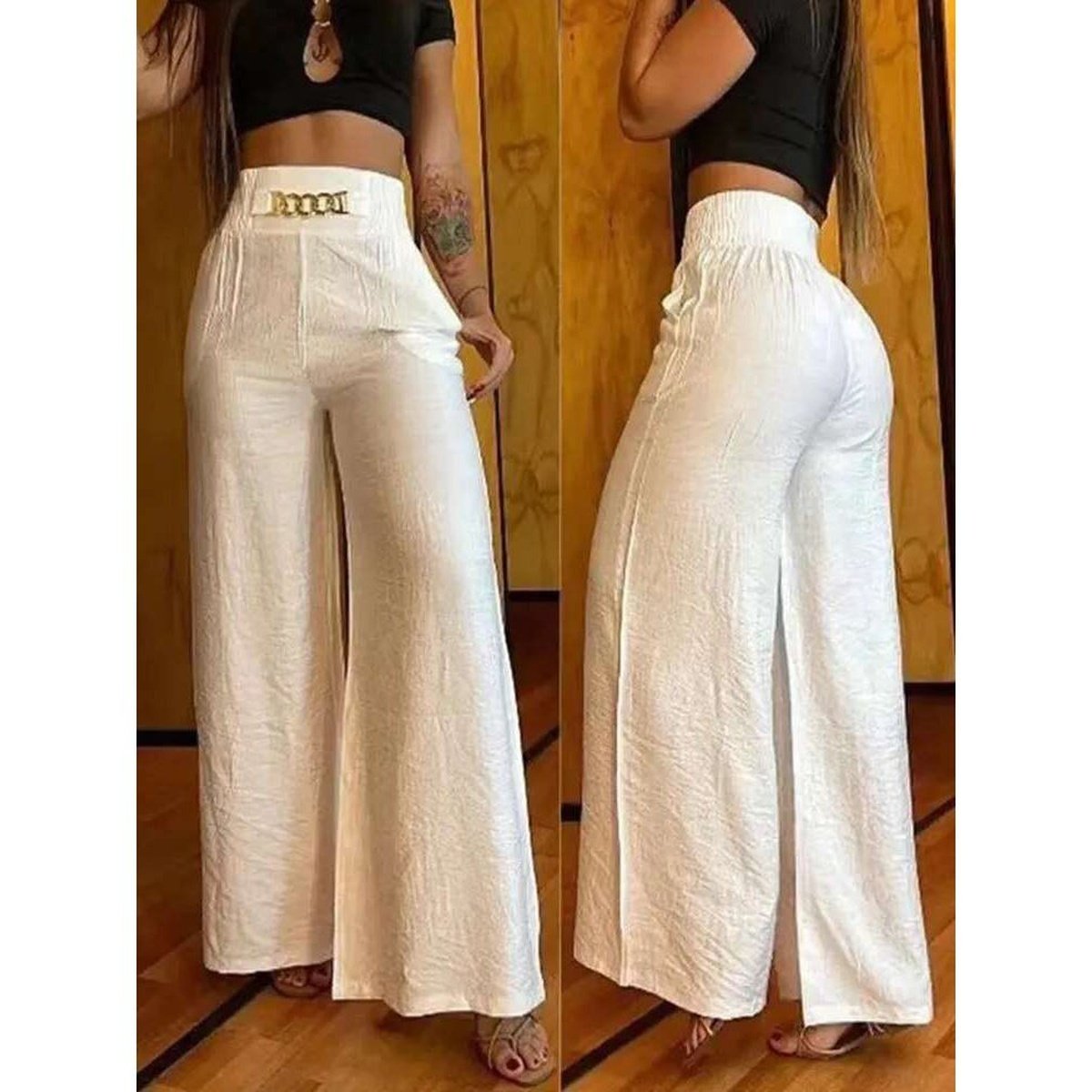 Chic Wide Leg Pants Loose Elegant Metal Flared Trouser
