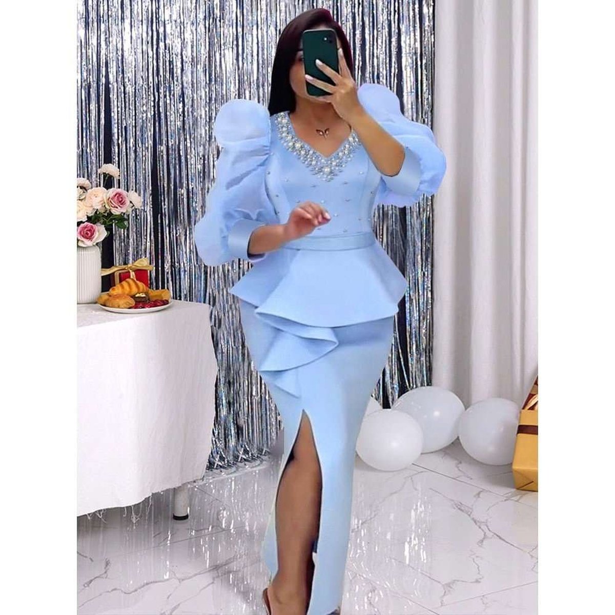 Chic Women Long & High Waist Slit Dress with Long Sleeve