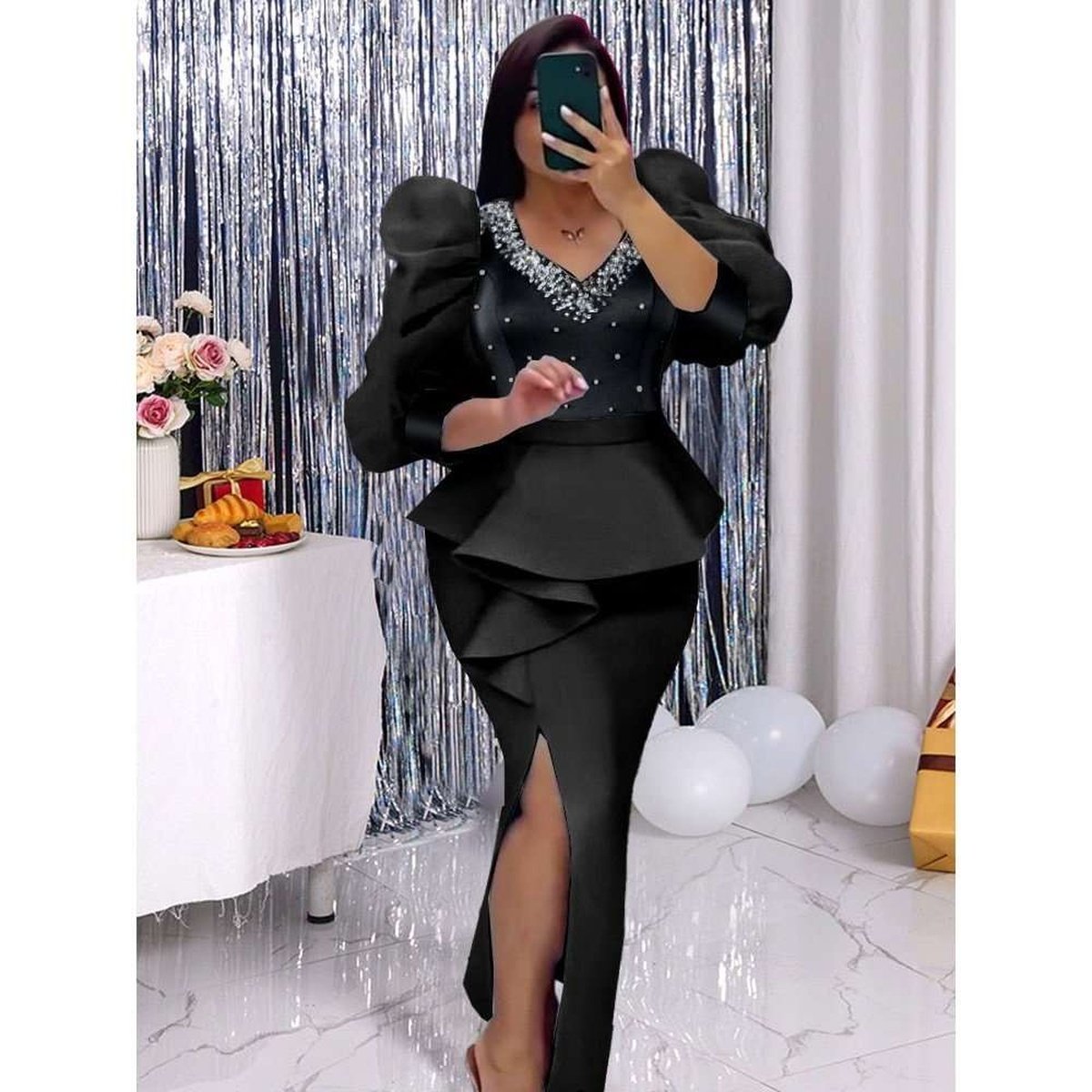 Chic Women Long & High Waist Slit Dress with Long Sleeve