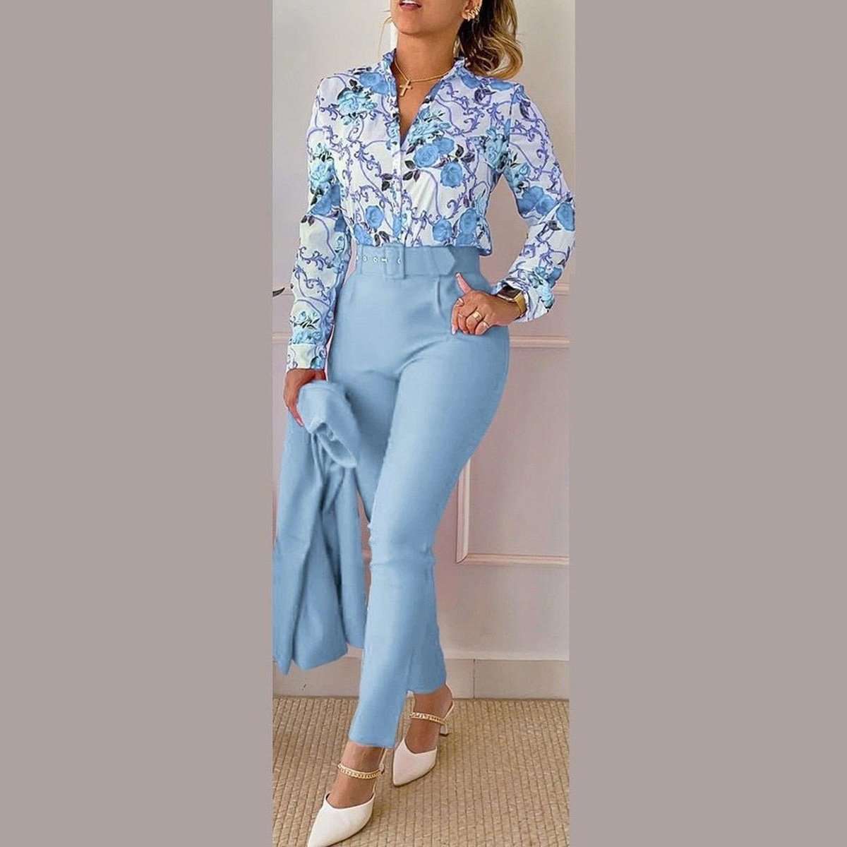 Collar Top & Long Pants Set for Women's Two-Piece Outfits