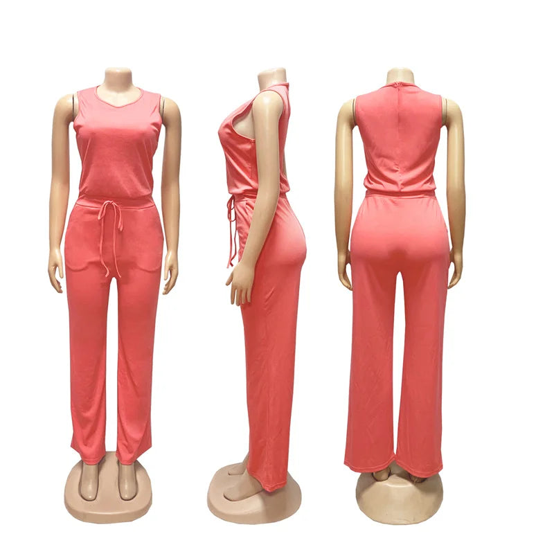 Coral pink jumpsuit on mannequins from different angles on a white background