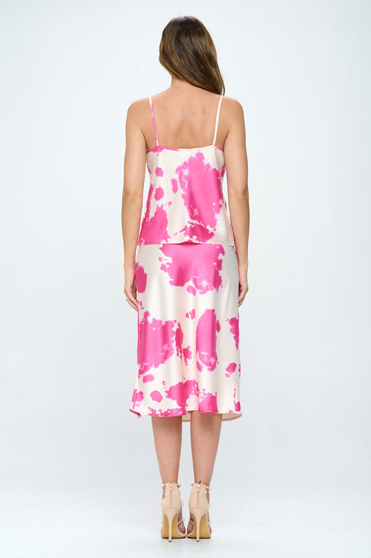 Pink cream cow print satin tank top back view with spaghetti straps and fluid drape