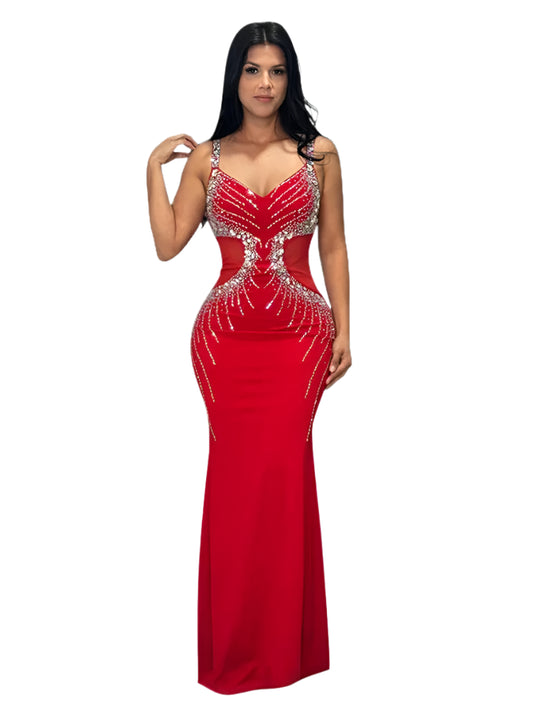 Red evening gown with intricate beading on a white background, featuring the brand 'Wishyear'.