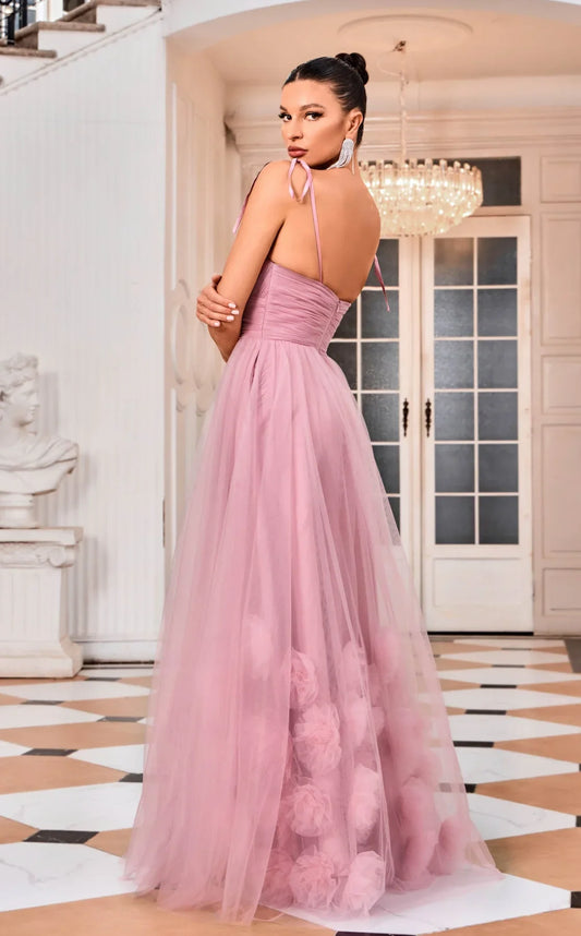 Dusty rose off-shoulder A-line gown with deep zipper back and floral appliqué sweep train