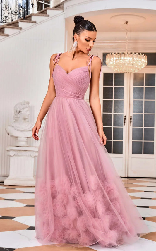 Dusty rose sweetheart neckline A-line gown with full sweep train and mesh overlay texture