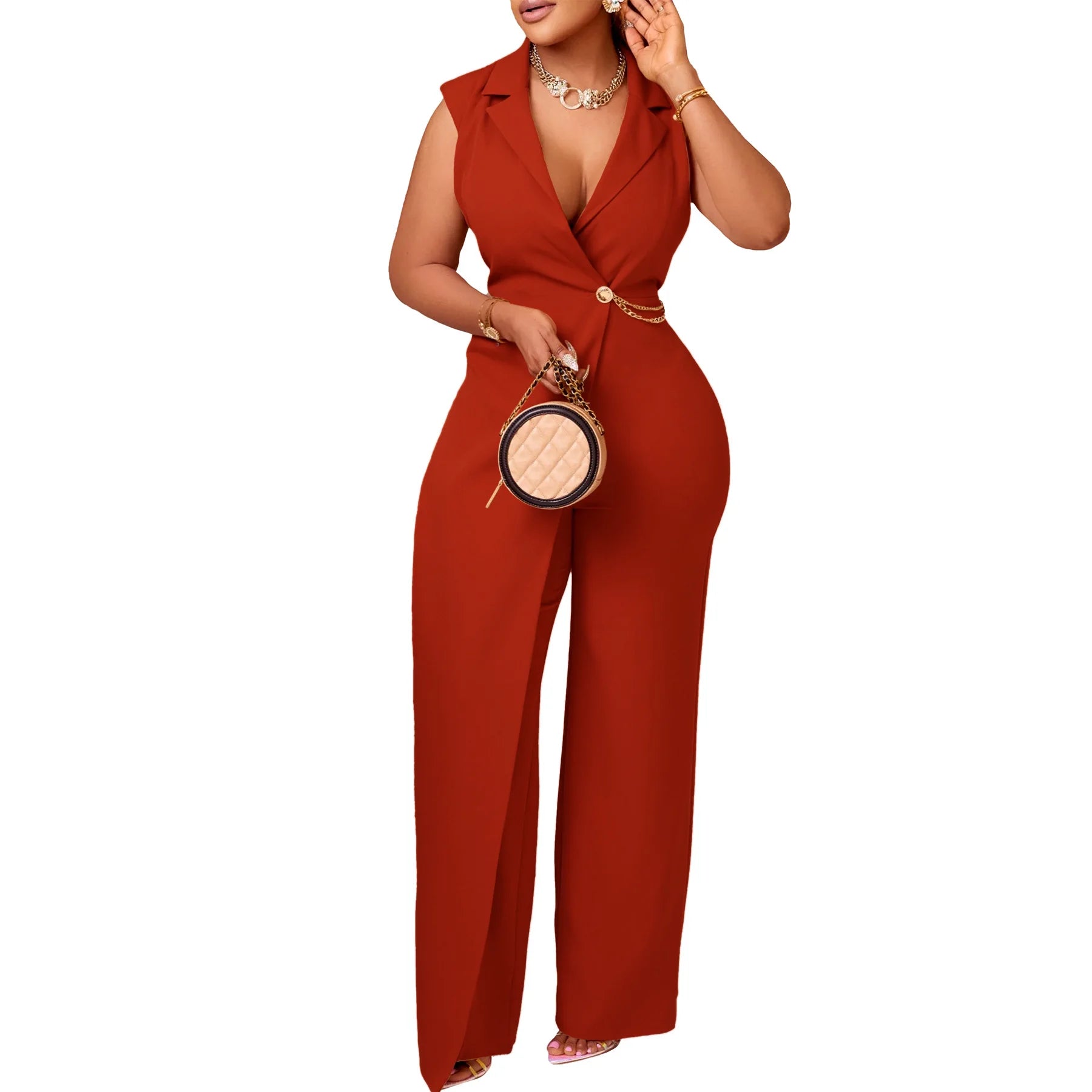 Elegant Jumpsuits & Rompers for Women Turn Down Collar Sleeveless