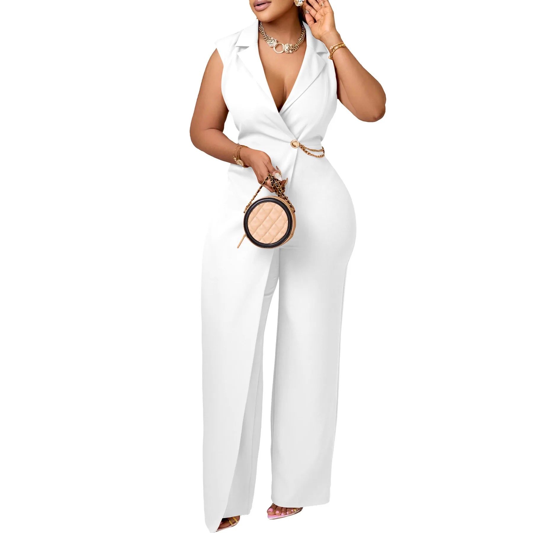 Elegant Jumpsuits & Rompers for Women Turn Down Collar Sleeveless