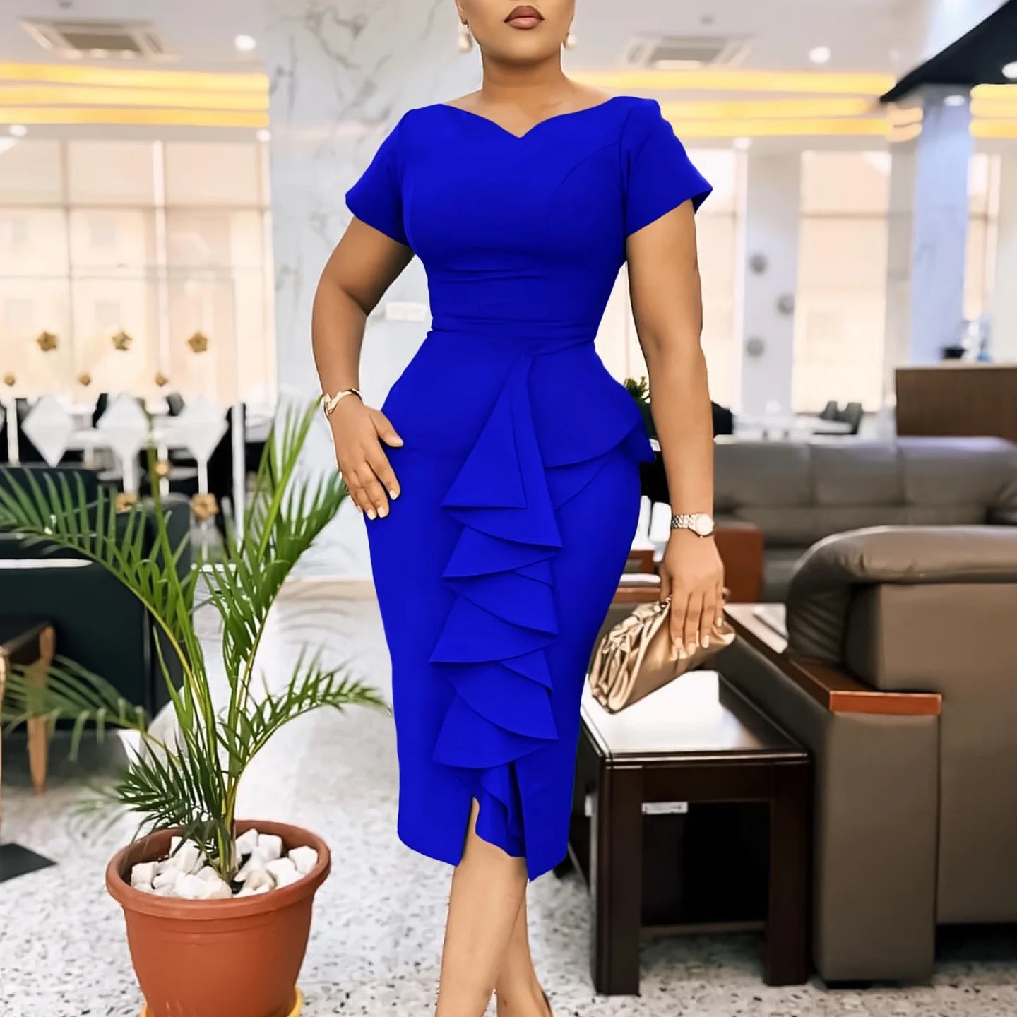 Elegant Office Woman V Neck Short Sleeve Ruffles Dress Midi Clothing