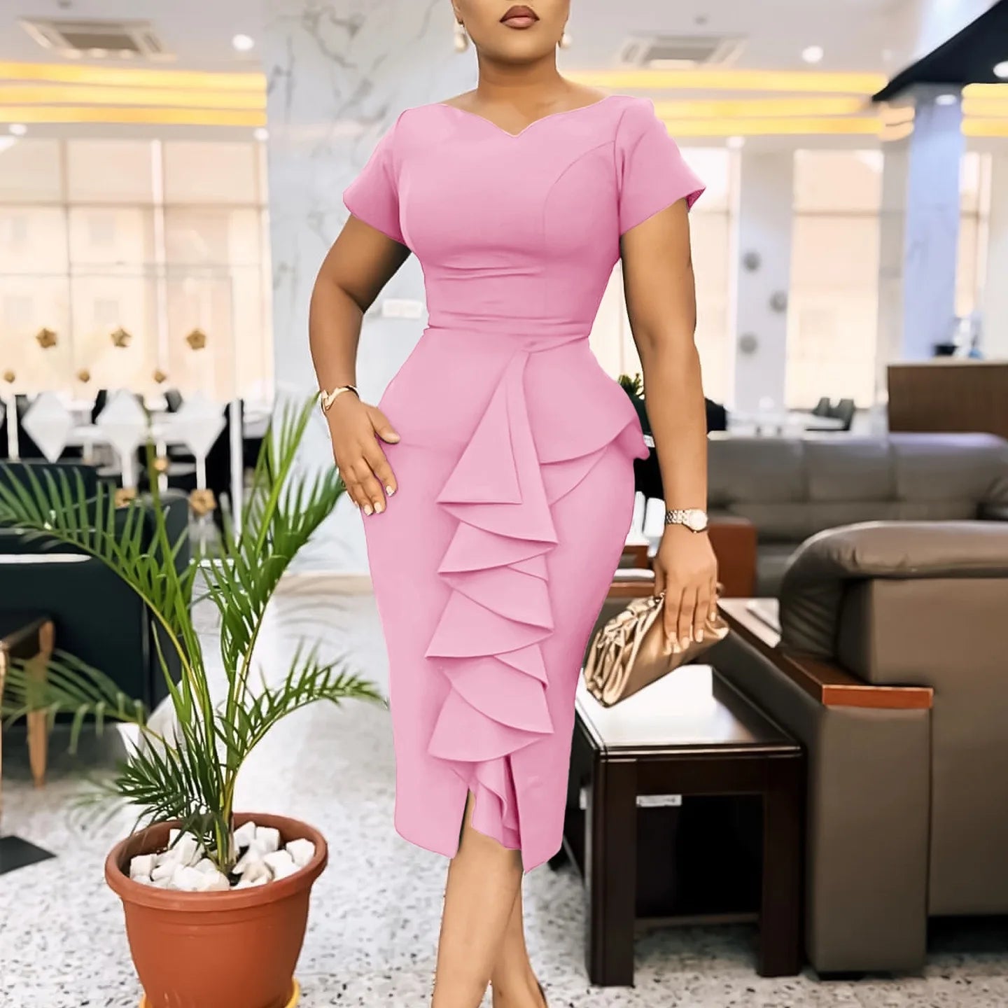 Elegant Office Woman V Neck Short Sleeve Ruffles Dress Midi Clothing