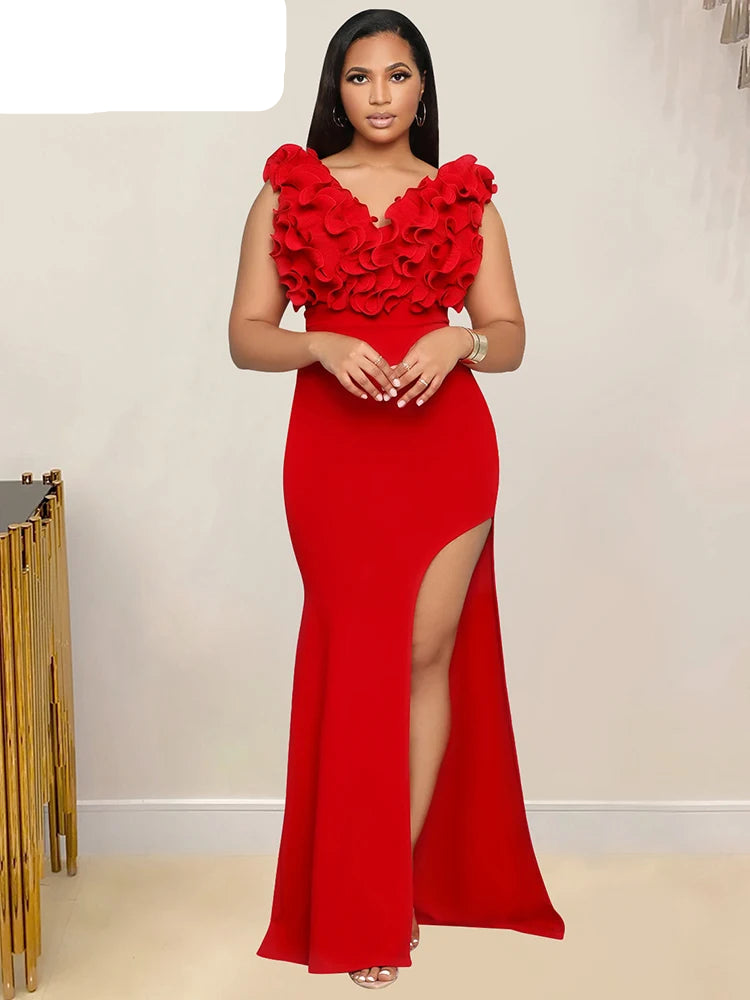 Elegant Women Ruffles V Neck Asymmetric Split Slim Mermaid Dress Sexy