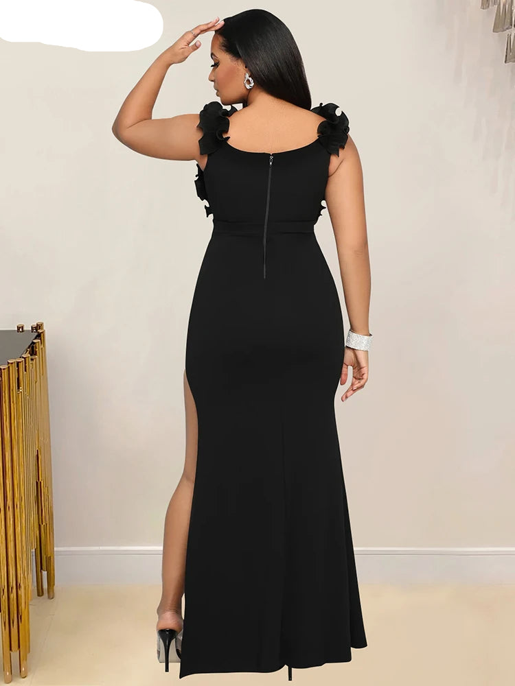 Elegant Women Ruffles V Neck Asymmetric Split Slim Mermaid Dress Sexy