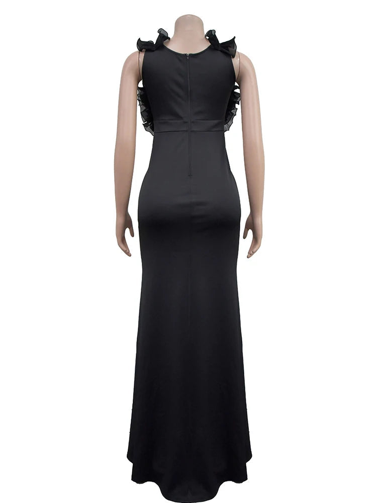 Elegant Women Ruffles V Neck Asymmetric Split Slim Mermaid Dress Sexy