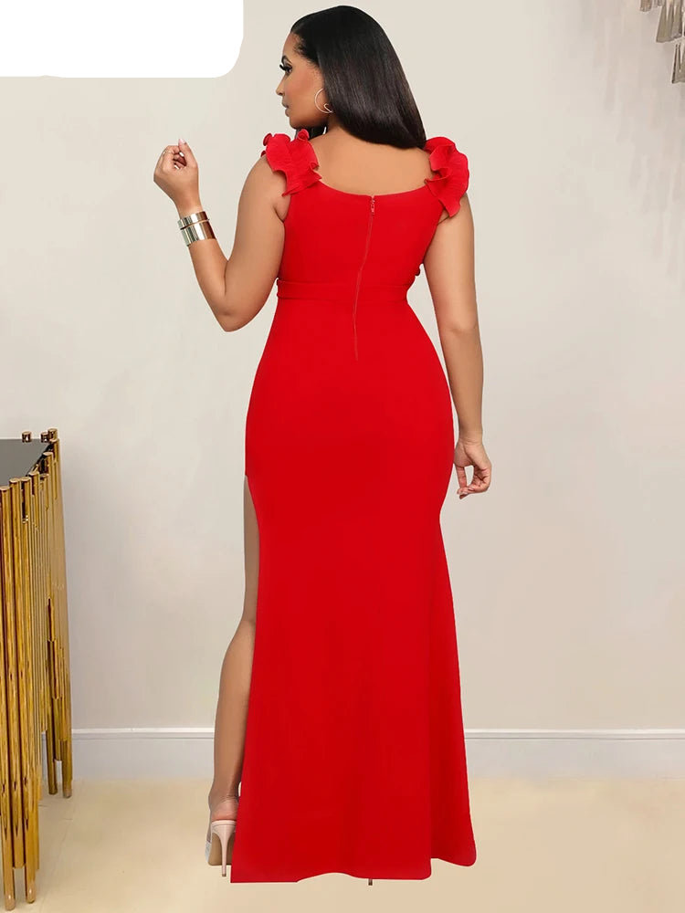 Elegant Women Ruffles V Neck Asymmetric Split Slim Mermaid Dress Sexy