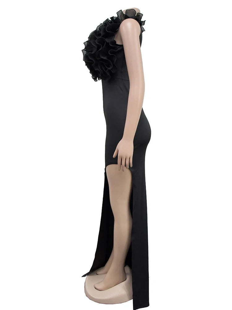 Elegant Women Ruffles V Neck Asymmetric Split Slim Mermaid Dress Sexy