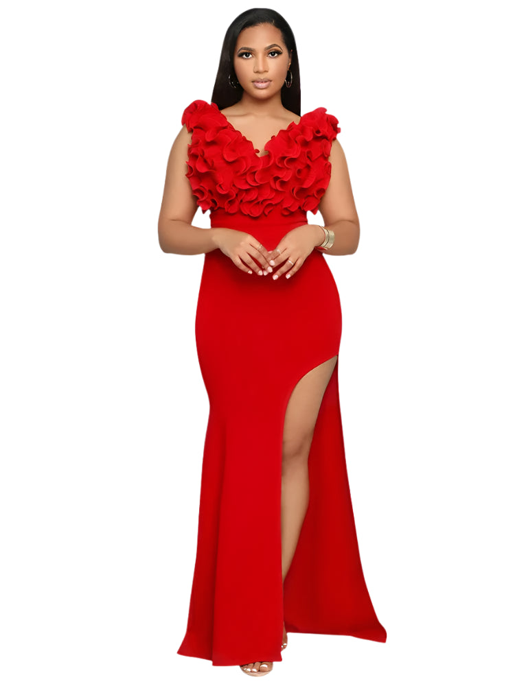 Elegant Women Ruffles V Neck Asymmetric Split Slim Mermaid Dress Sexy