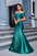 Emerald green satin siren line nightgown front view featuring voluminous bow shoulder draping and horizontal ruching