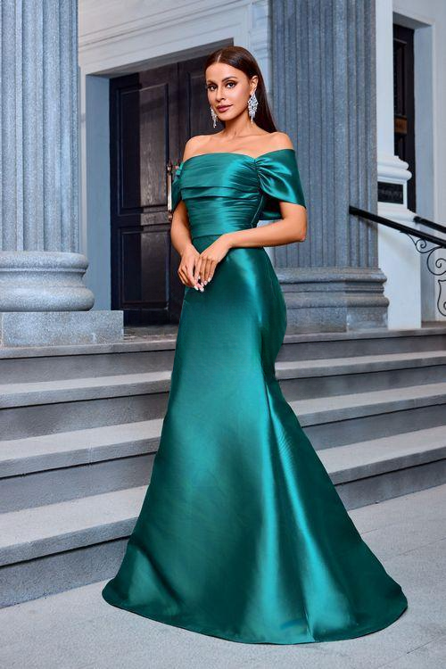 Emerald green satin siren line nightgown front view featuring voluminous bow shoulder draping and horizontal ruching