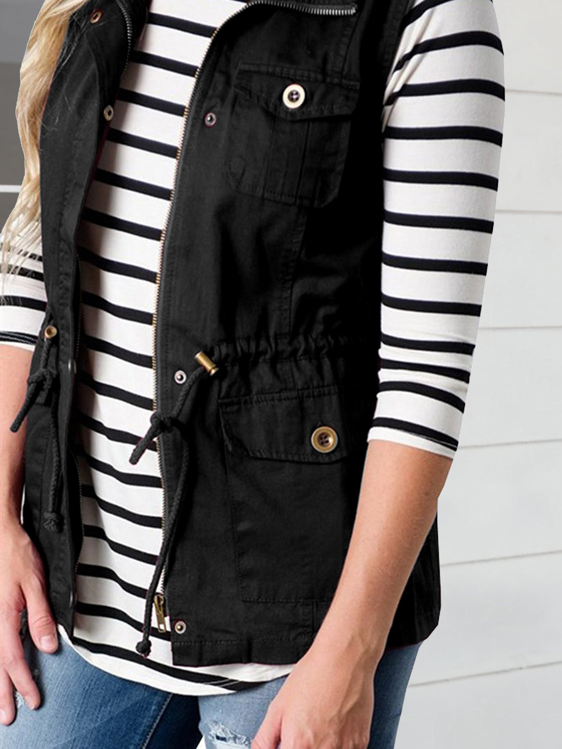 Fashion and Versatile Style Drawstring Waist Vest with Pockets