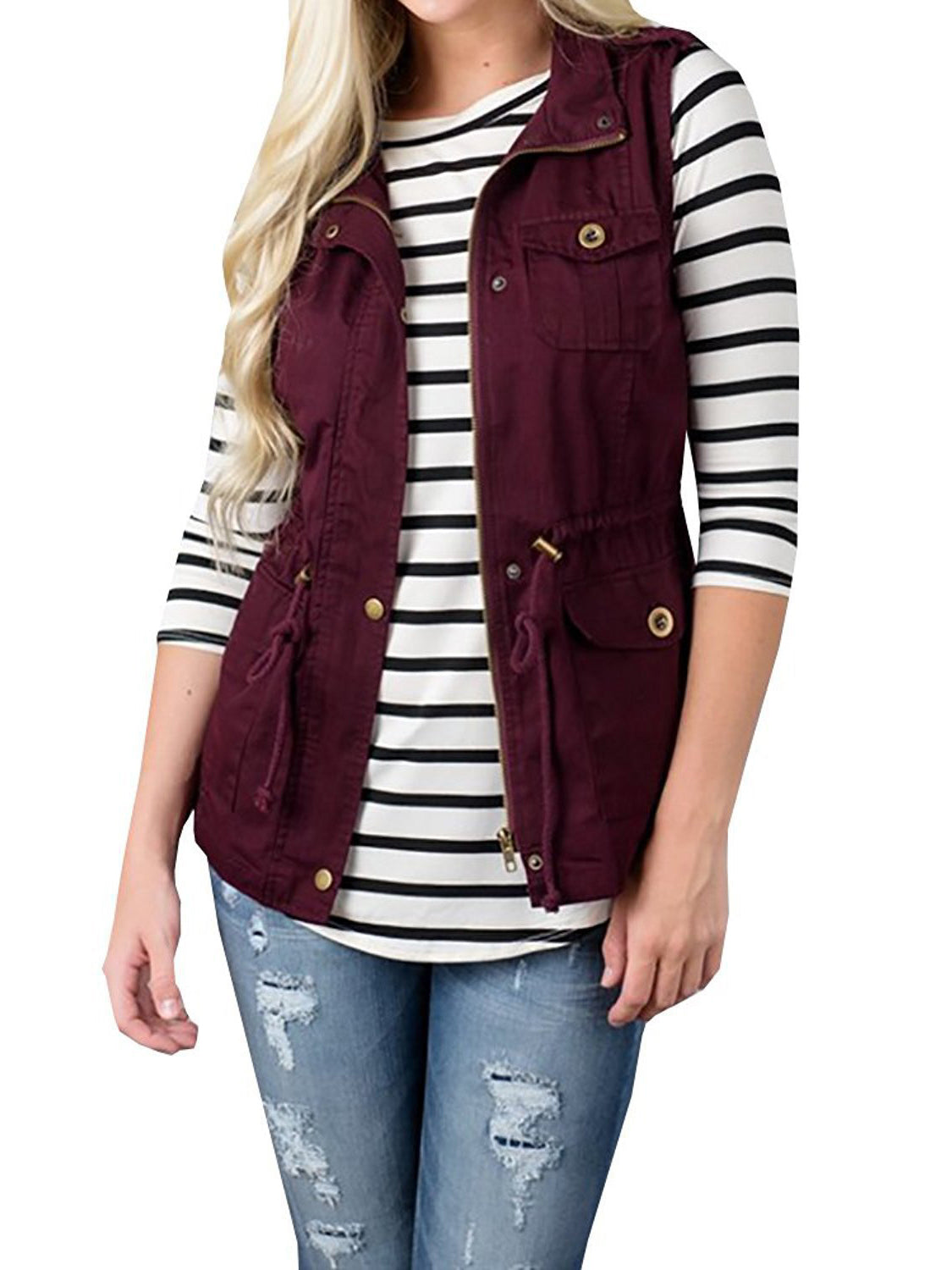 Fashion and Versatile Style Drawstring Waist Vest with Pockets