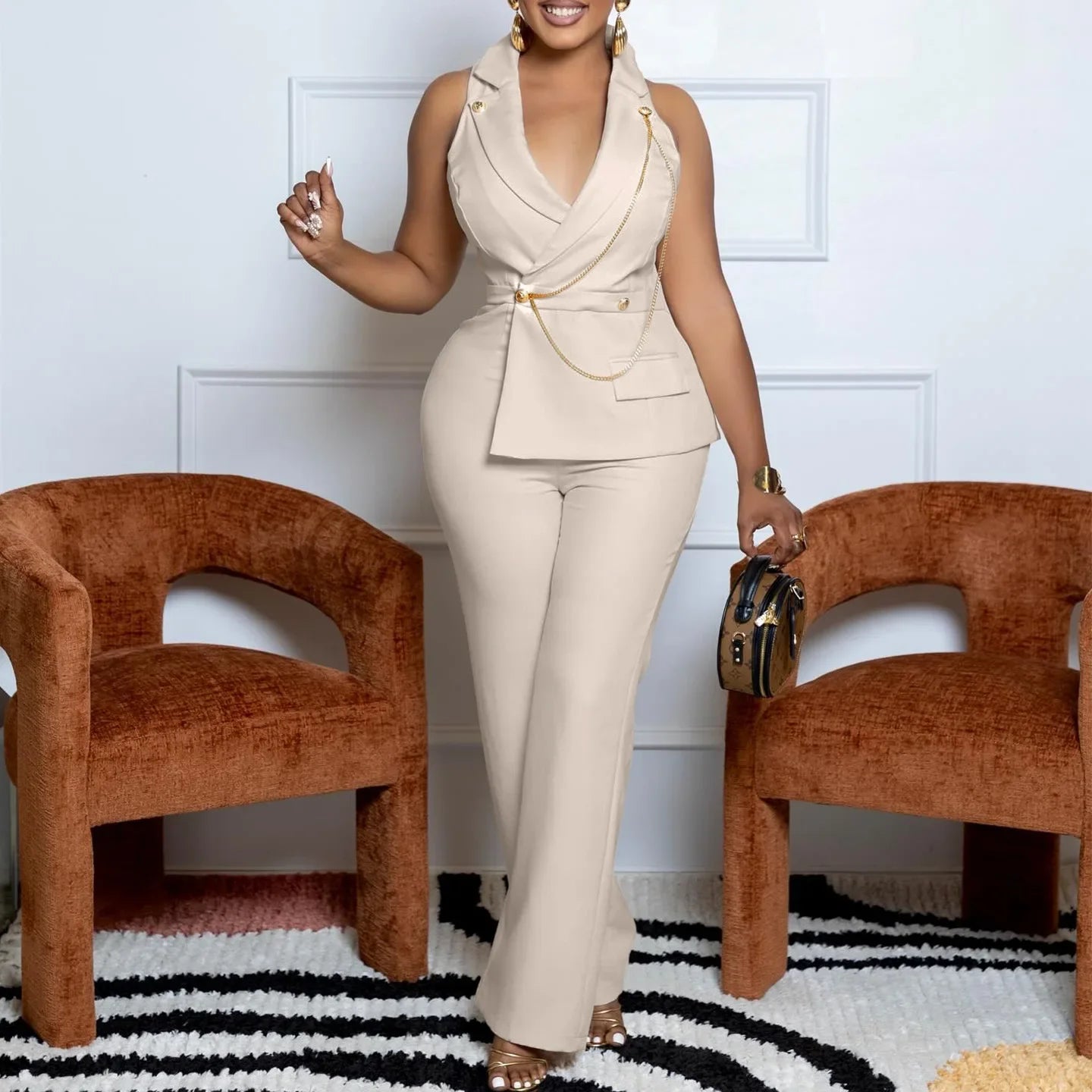 Fashionable Sexy Collar Wide Leg Jumpsuit Casual Style Dress For Chic