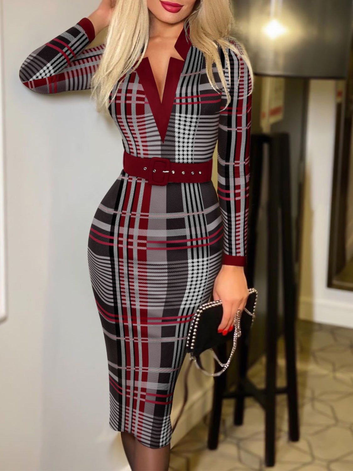 Formal Notched Long Sleeve Wrap Ladies Business Casual Dress