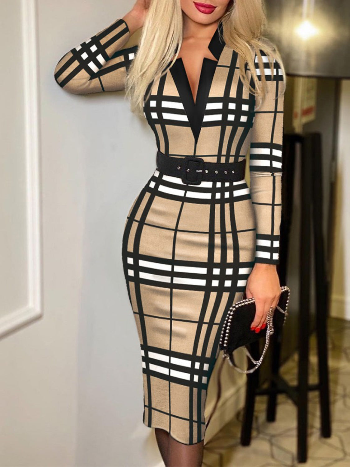 Formal Notched Long Sleeve Wrap Ladies Business Casual Dress