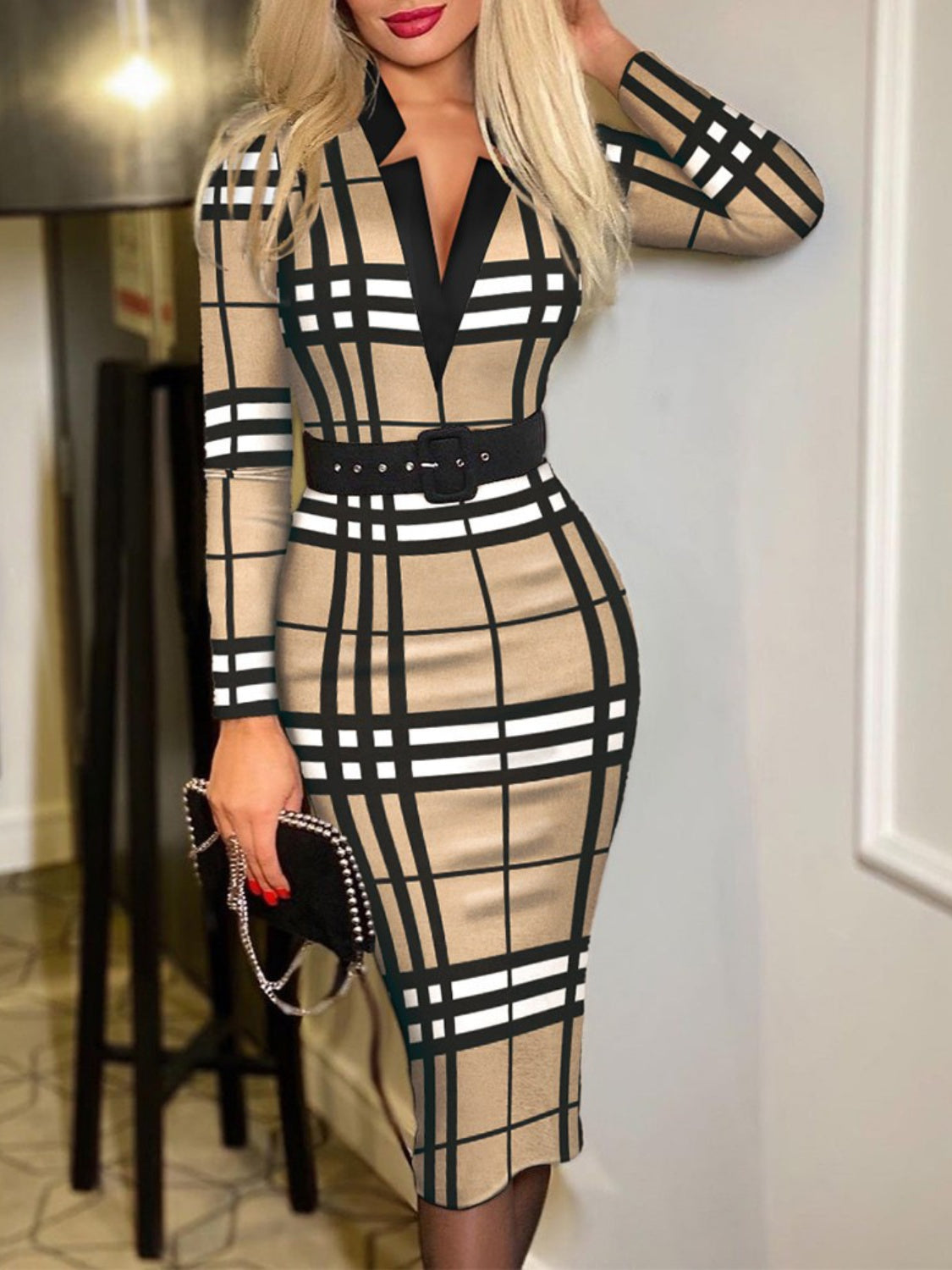 Formal Notched Long Sleeve Wrap Ladies Business Casual Dress
