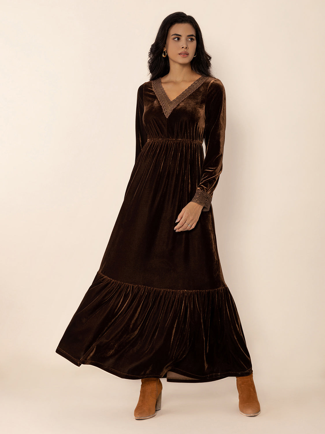 Formal women's Lace Detail V-Neck Long Sleeve Maxi Party Dress