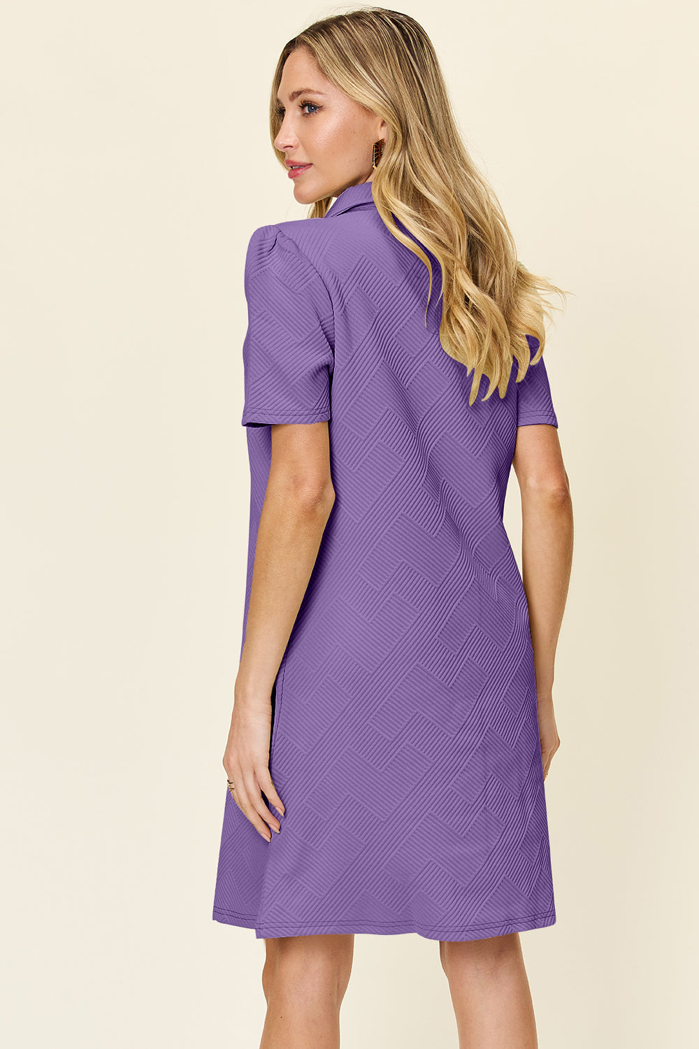 Full Size Texture Collared Neck Short Sleeve Dress