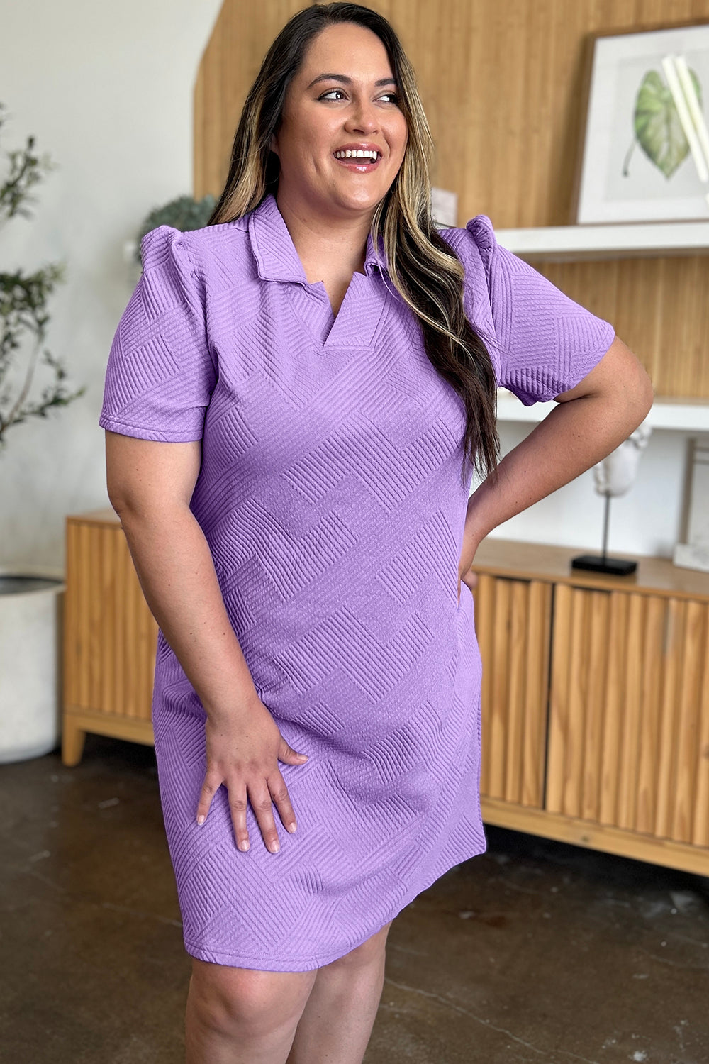 Full Size Texture Collared Neck Short Sleeve Dress