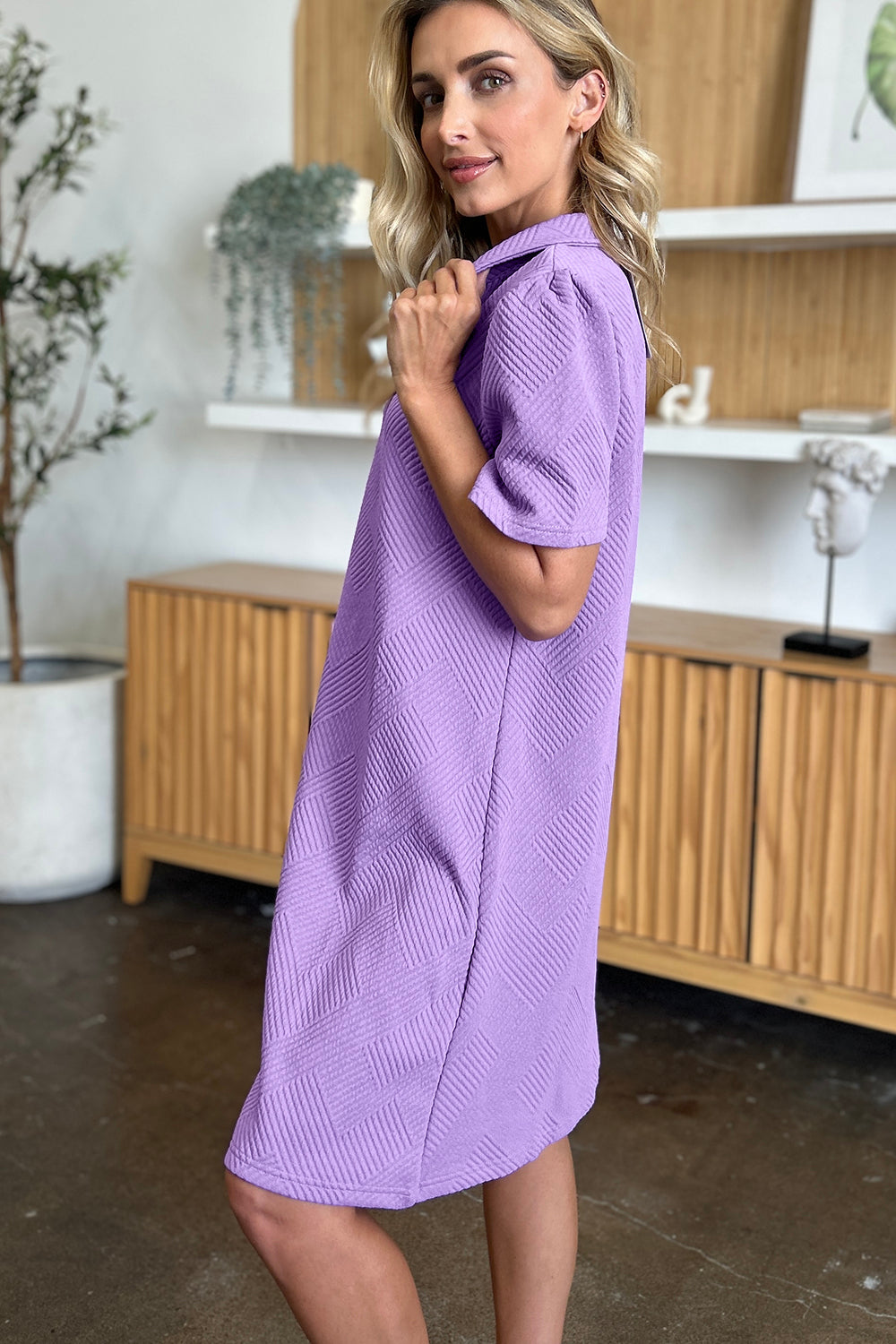 Full Size Texture Collared Neck Short Sleeve Dress