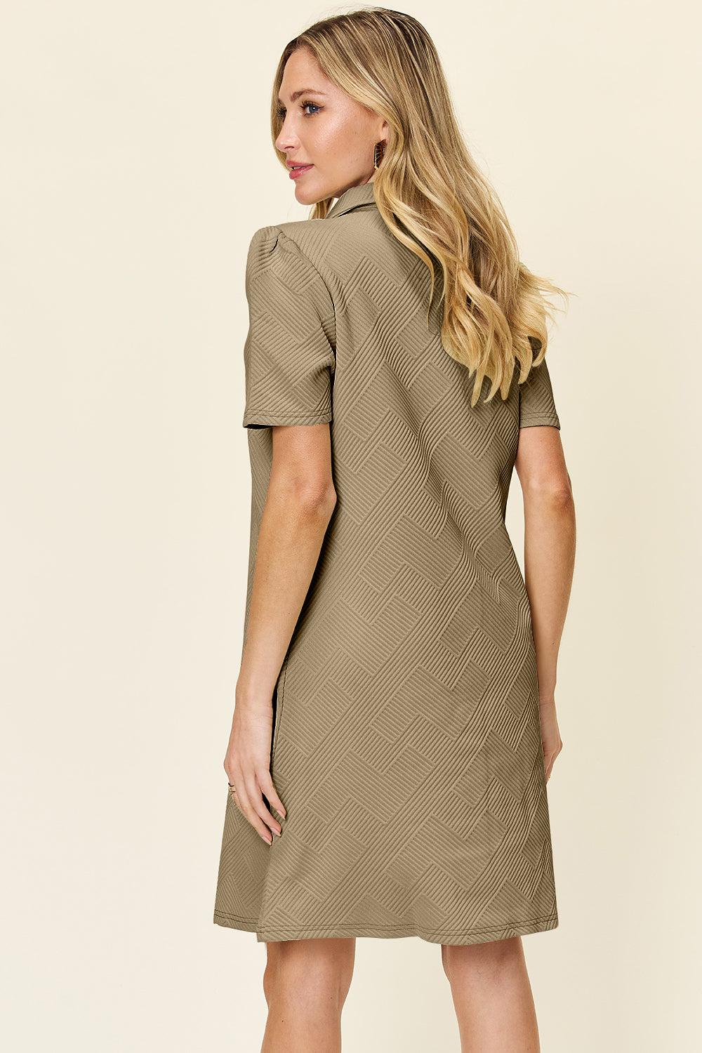 Full Size Texture Collared Neck Short Sleeve Dress