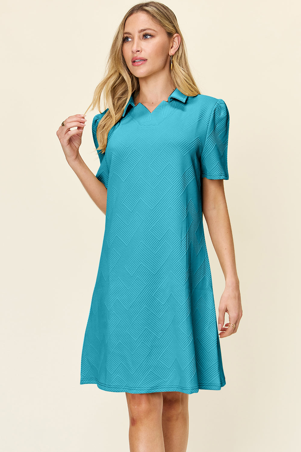 Full Size Texture Collared Neck Short Sleeve Dress