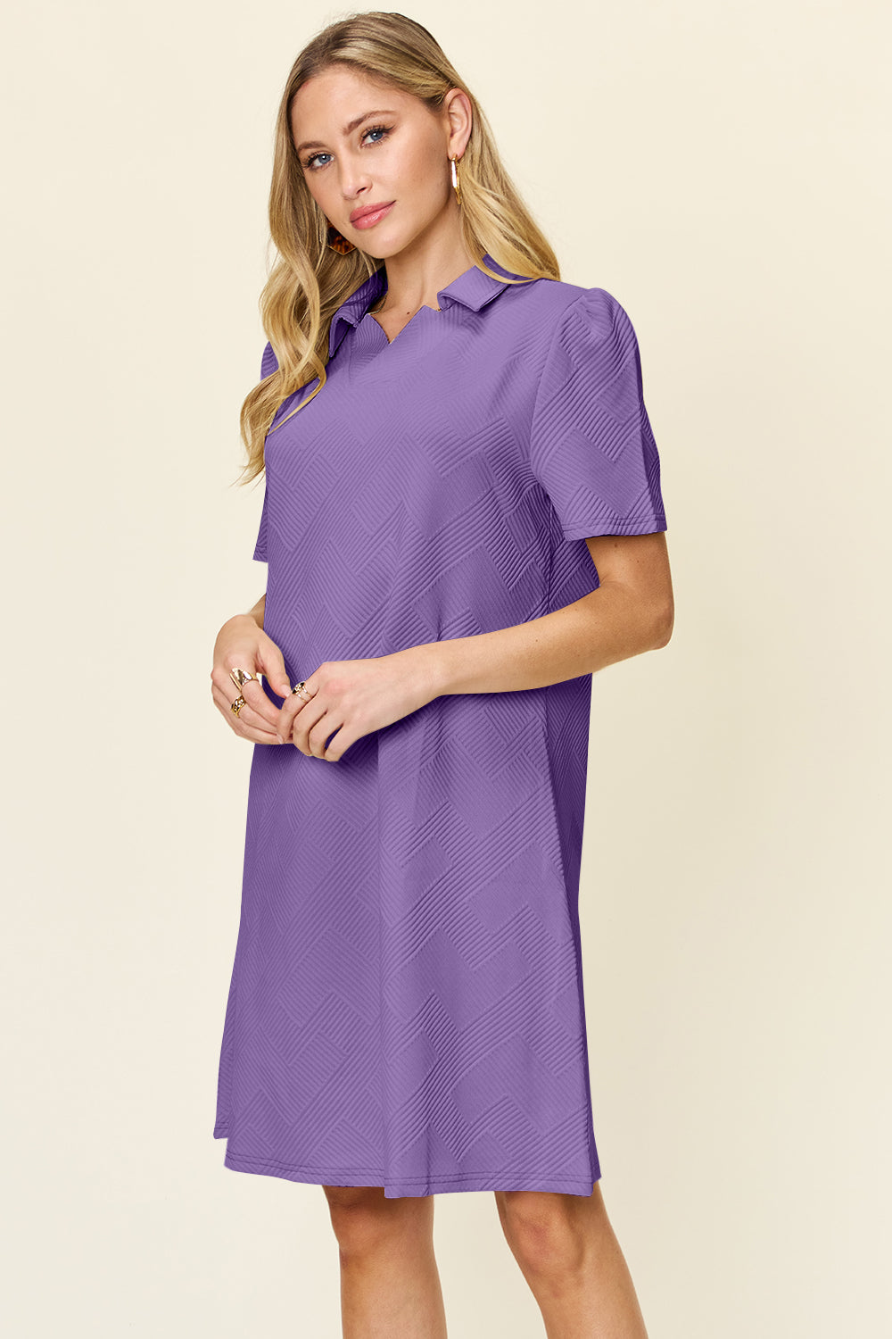 Full Size Texture Collared Neck Short Sleeve Dress