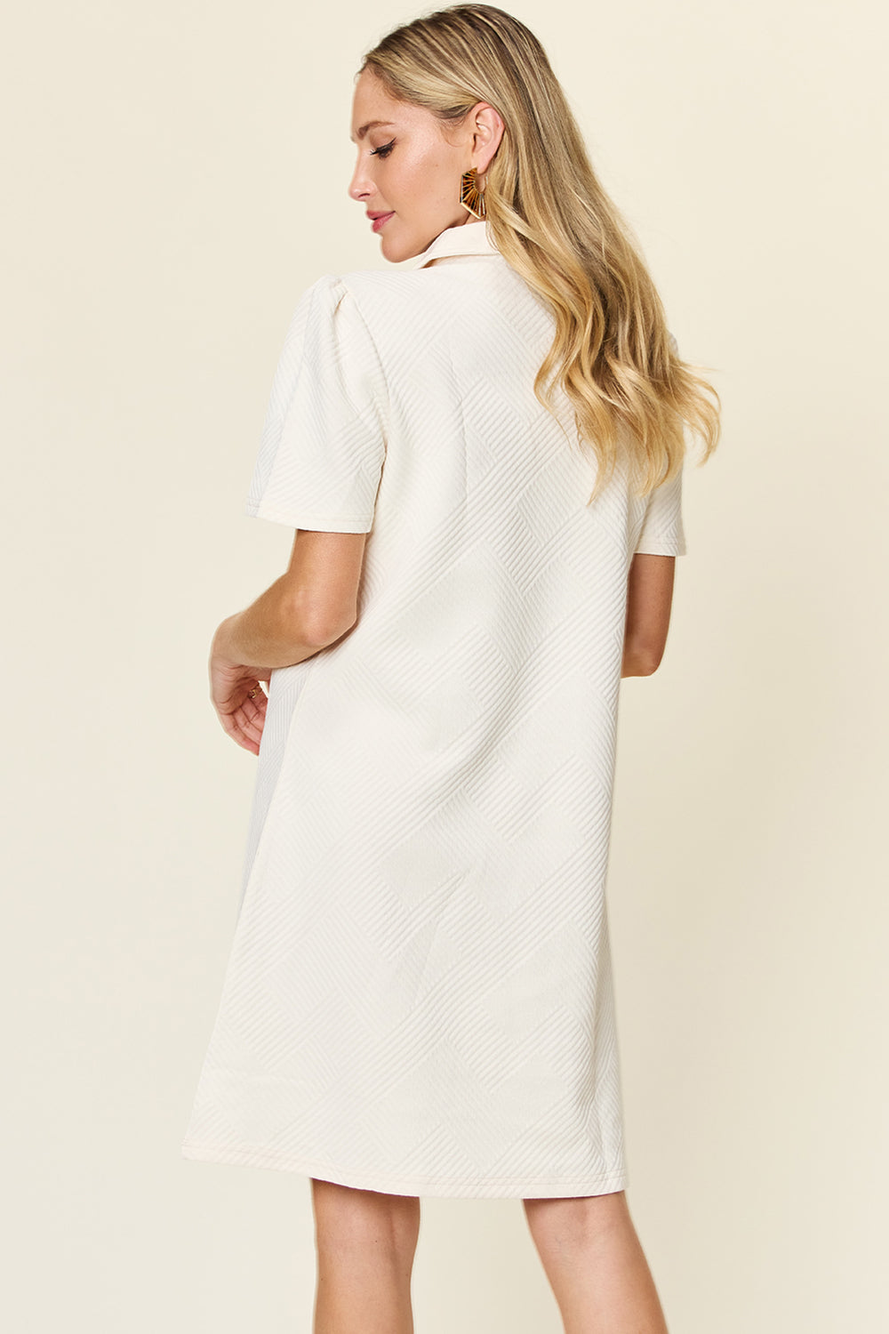 Full Size Texture Collared Neck Short Sleeve Dress